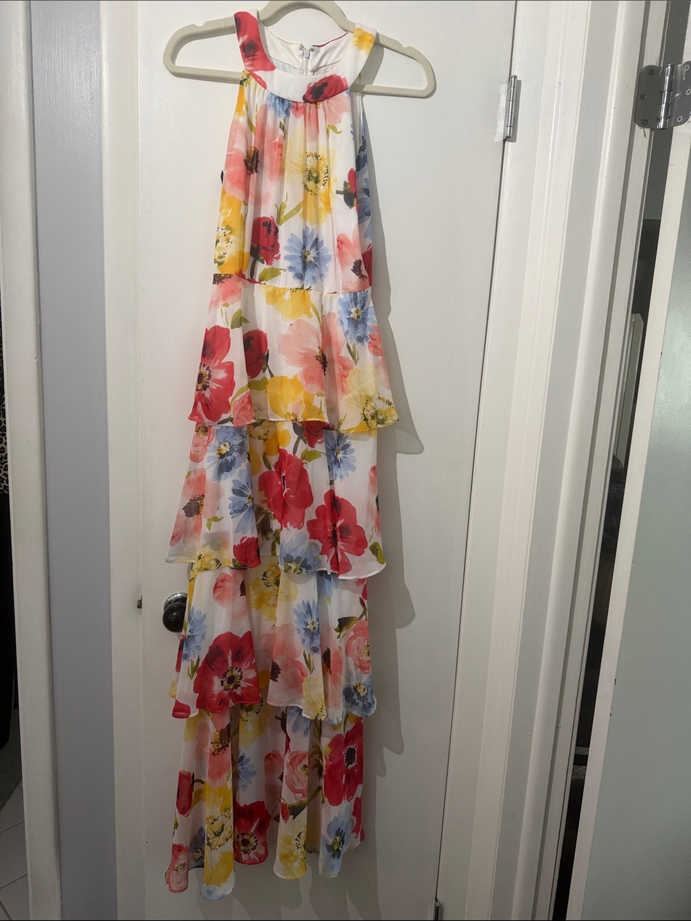 Leslie Fay White Tiered Maxi Dress with Red, Yellow & Blue Floral Print.